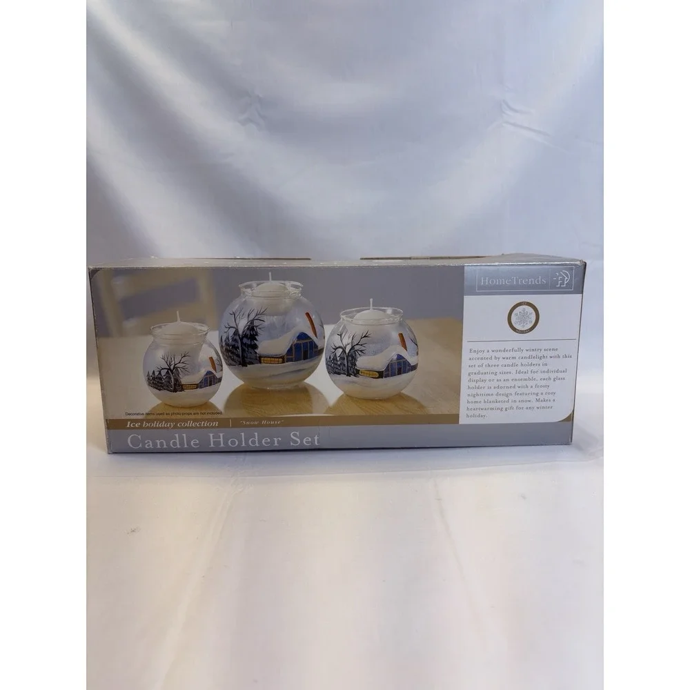 HomeTrends Set of 3 Glass Snow House Ice Holiday Votive Holders Winter with box